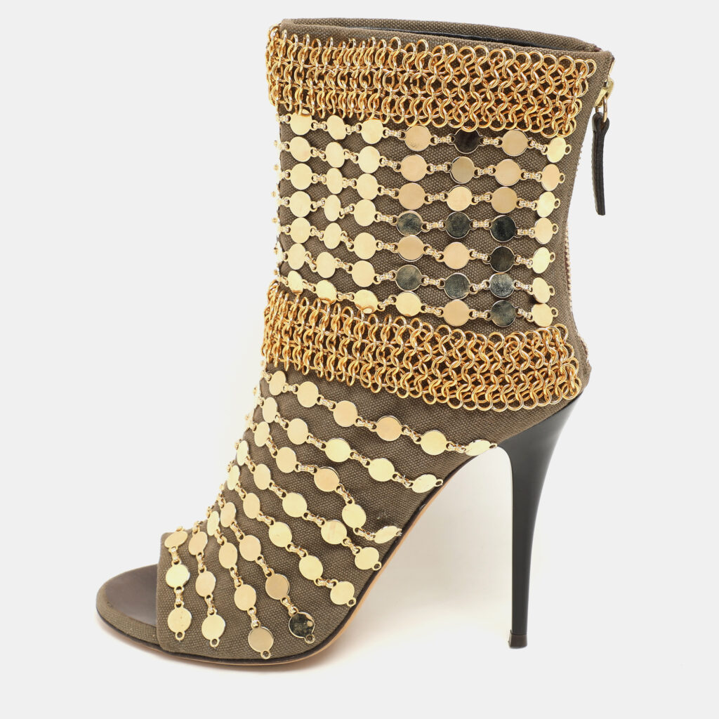 Giuseppe Zanotti Khaki Canvas Chain Embellished Mid Calf Boots Size 36 Giuseppe Zanotti Khaki Canvas Chain Embellished Mid Calf Boots Size 36