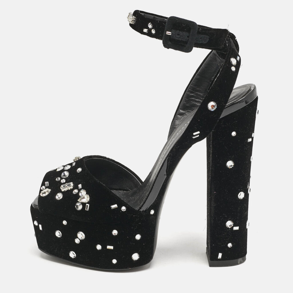 Giuseppe Zanotti Black Velvet Crystal Embellished Ankle Strap Platform Sandals Size 36 Giuseppe Zanotti Black Velvet Crystal Embellished Ankle Strap Platform Sandals Size 36