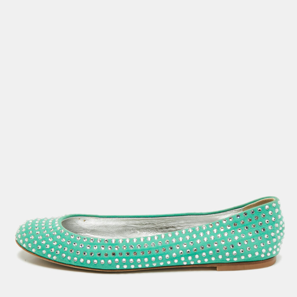 Giuseppe Zanotti Green Suede Crystal Embellished Ballet Flats Size 39 Giuseppe Zanotti Green Suede Crystal Embellished Ballet Flats Size 39