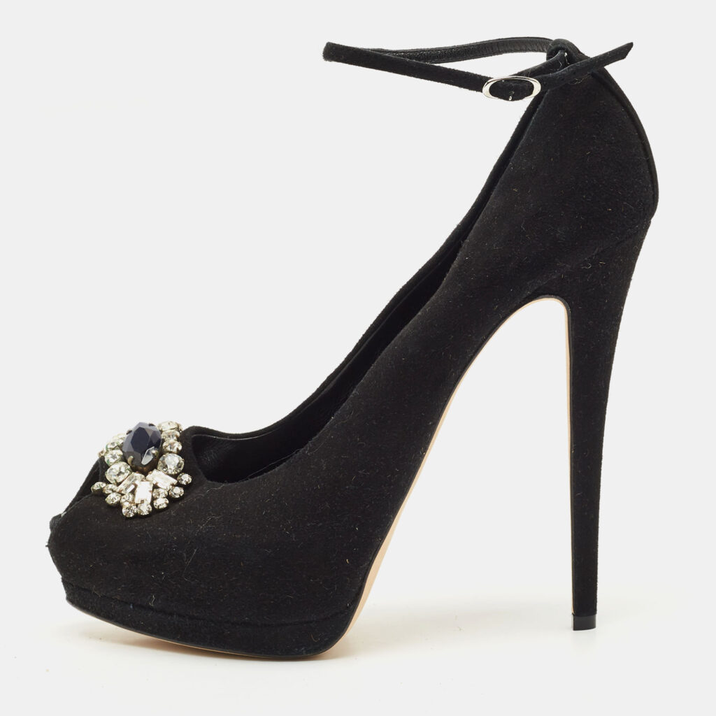 Giuseppe Zanotti Black Suede Crystal Embellished Ankle Strap Peep Toe Platform Pumps Size 39.5