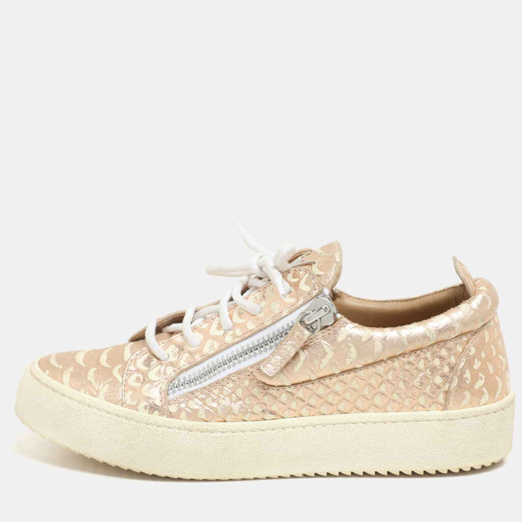 Giuseppe Zanotti Metallic Rose Gold Leather Double Zip Low Top Sneakers Size 37 Giuseppe Zanotti Metallic Rose Gold Leather Double Zip Low Top Sneakers Size 37