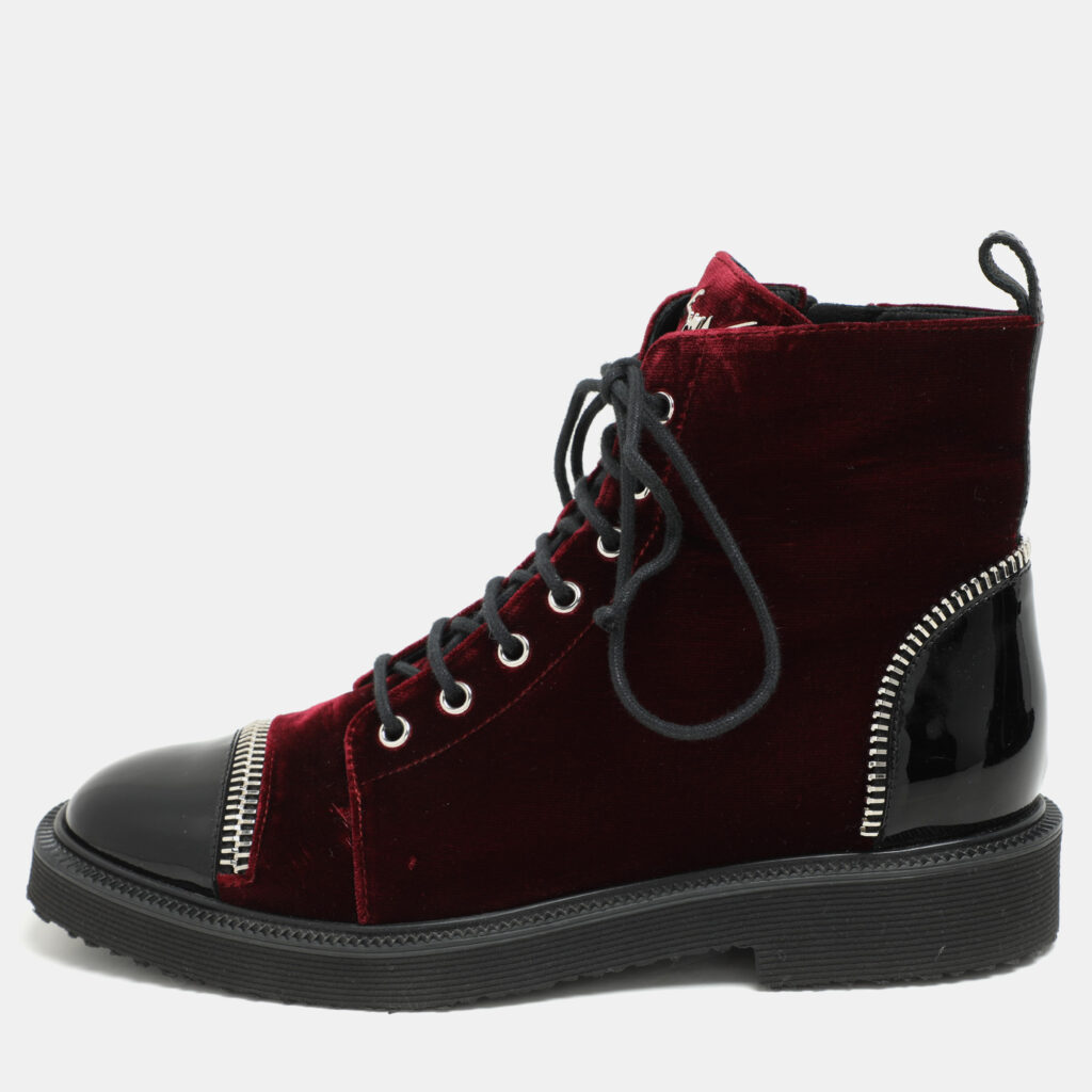 Giuseppe Zanotti Burgundy/Black Velvet and Patent Leather Ankle Boots Size 39.5 Giuseppe Zanotti Burgundy/Black Velvet and Patent Leather Ankle Boots Size 39.5