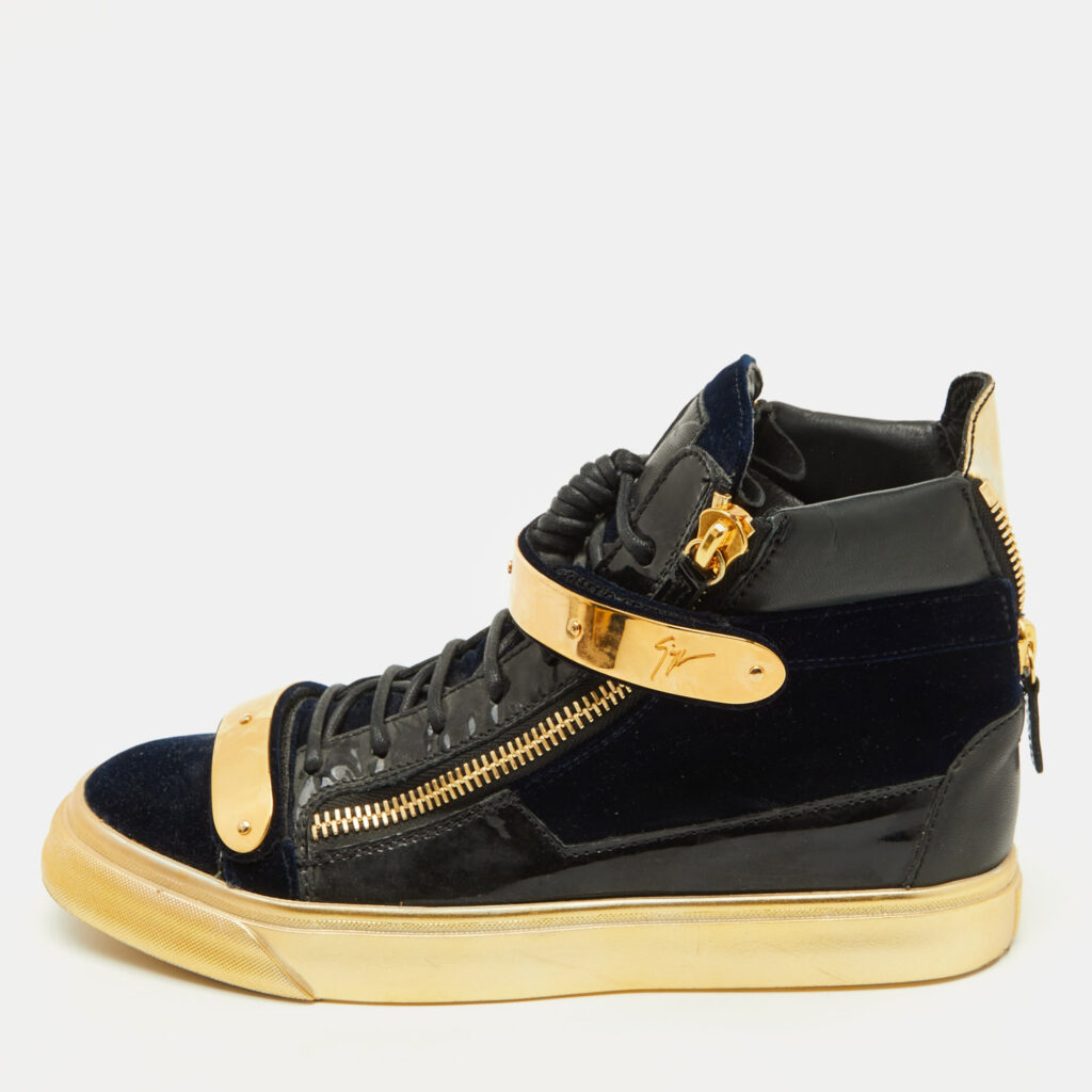Giuseppe Zanotti Black Velvet and Patent Leather Coby High Top Sneakers Size 40 Giuseppe Zanotti Black Velvet and Patent Leather Coby High Top Sneakers Size 40
