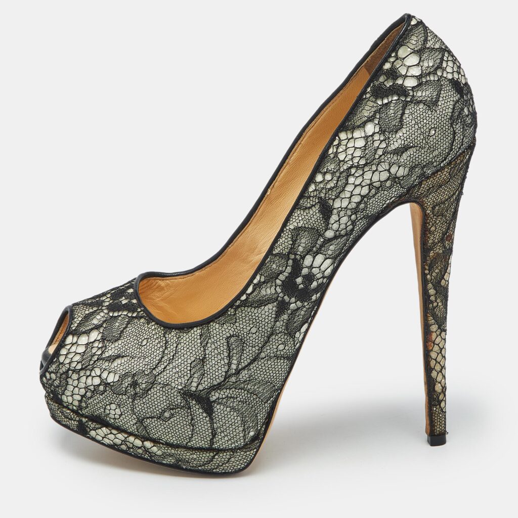 Giuseppe Zanotti Black/White Floral Lace Peep Toe Platform Pumps Size 41