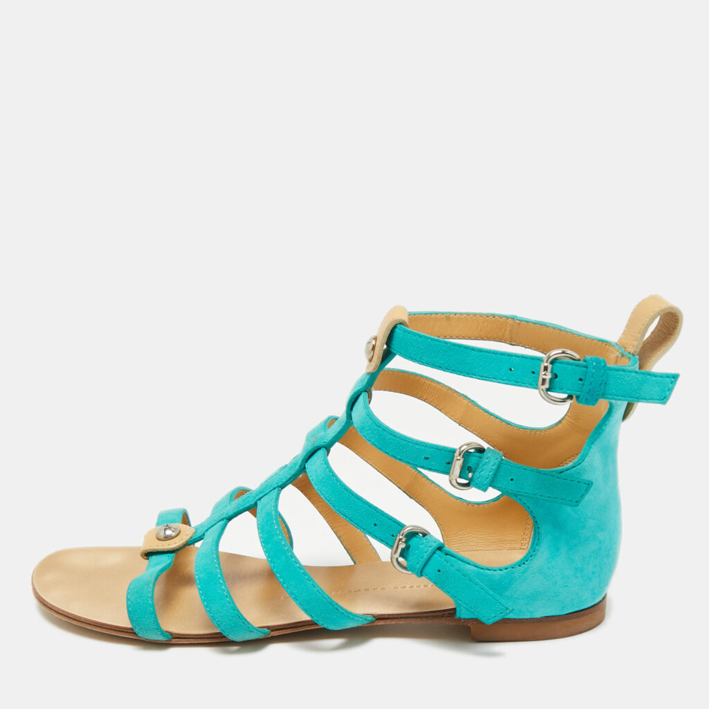 Giuseppe Zanotti Blue Suede Strappy Flat Sandals Size 38.5 Giuseppe Zanotti Blue Suede Strappy Flat Sandals Size 38.5