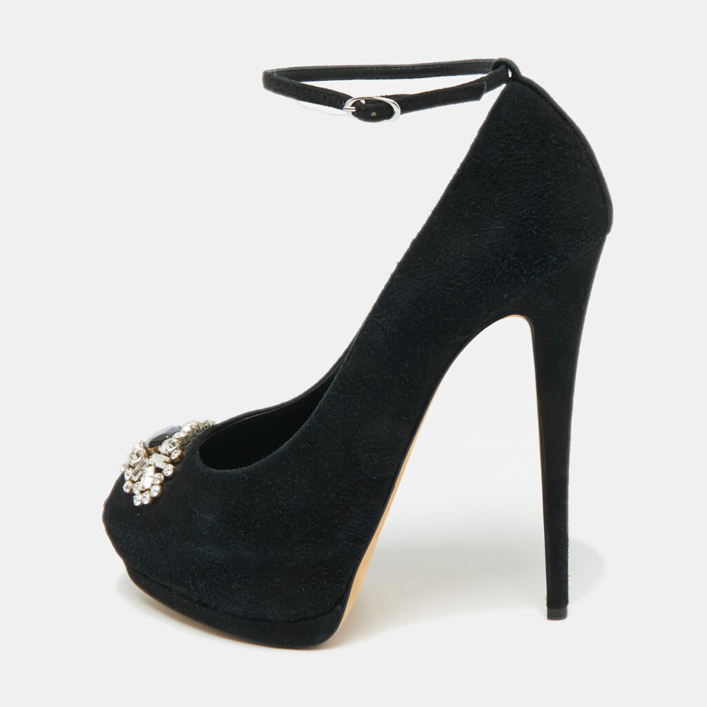 Giuseppe Zanotti Black Suede Crystal Embellished Ankle Strap Peep Toe Platform Pumps Size 40.5 Giuseppe Zanotti Black Suede Crystal Embellished Ankle Strap Peep Toe Platform Pumps Size 40.5
