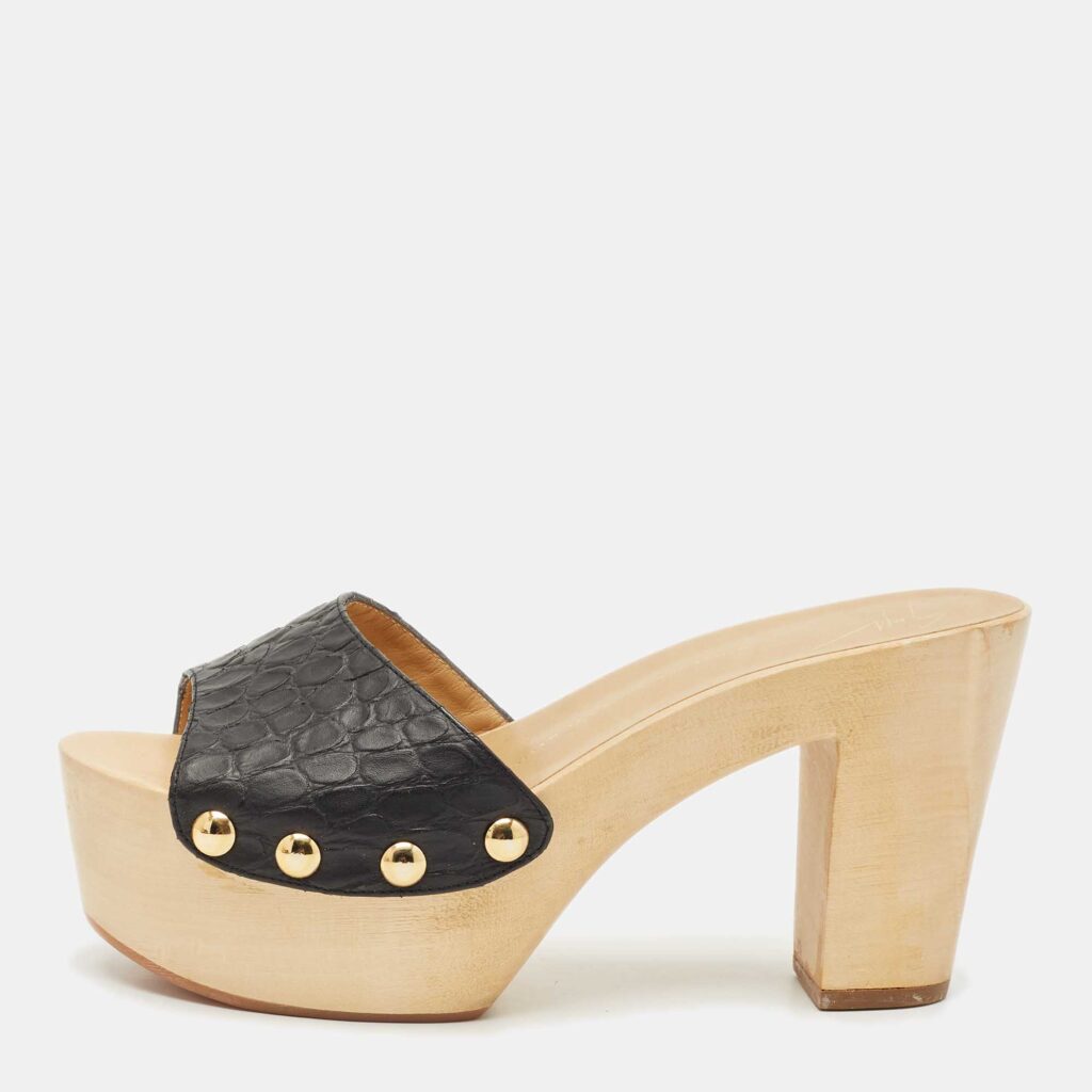 Giuseppe Zanotti Black Croc Embossed Leather Platform Clogs Size 38