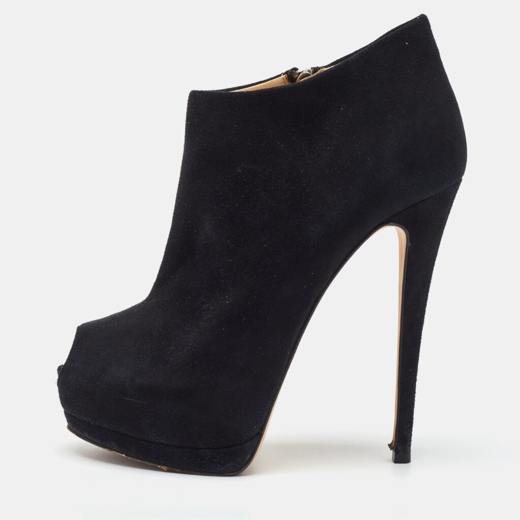Giuseppe Zanotti Black Suede Peep Toe Platform Ankle Booties Size 38