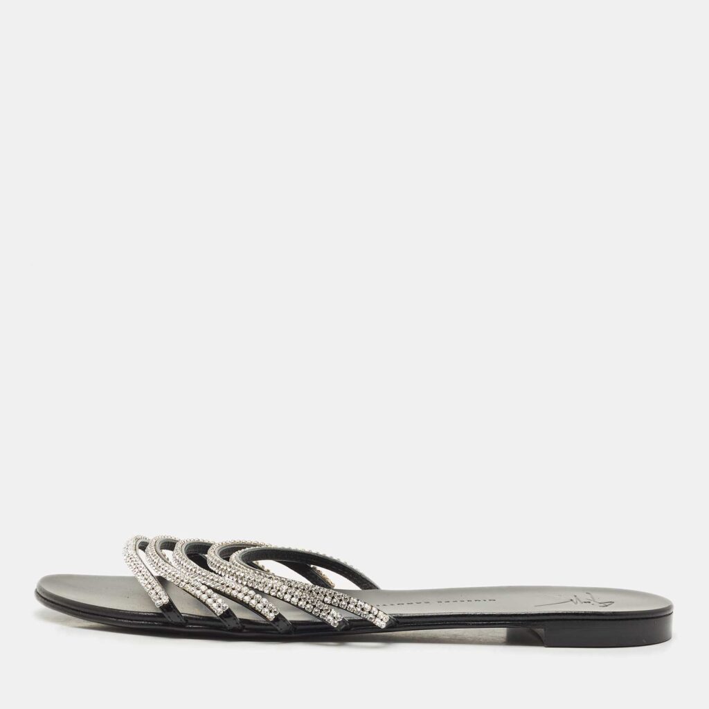 Giuseppe Zanotti Black/Silver Crystal Embellished Leather Flat Slides Size 40