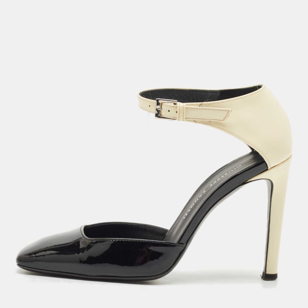 Giuseppe Zanotti Black/Cream Patent Leather Leandra Ankle Strap Pumps Size 34