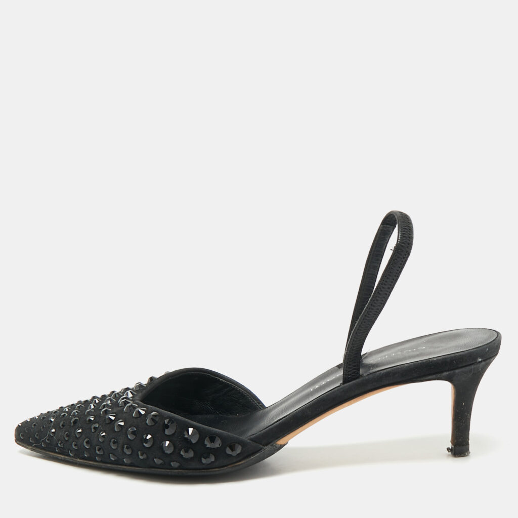 Giuseppe Zanotti Black Satin Crystal Embellished Slingback Pumps Size 36 Giuseppe Zanotti Black Satin Crystal Embellished Slingback Pumps Size 36