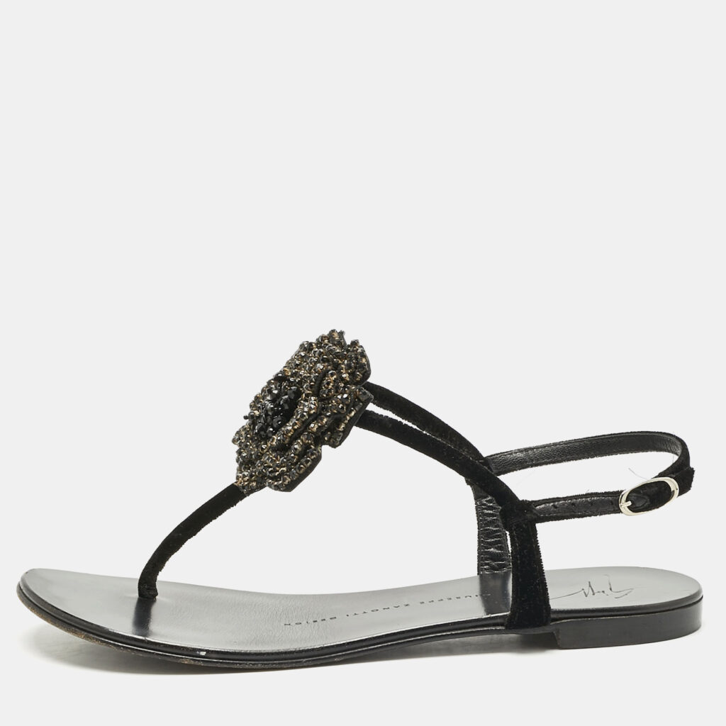 Giuseppe Zanotti Black Velvet Crystal Embellished Flower Flat Thong Sandals Size 36 Giuseppe Zanotti Black Velvet Crystal Embellished Flower Flat Thong Sandals Size 36