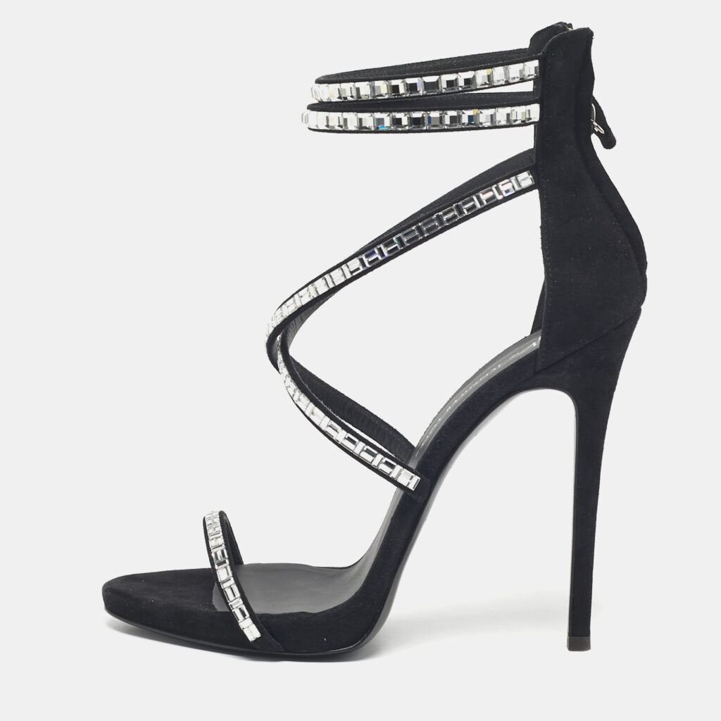 Giuseppe Zanotti Black Suede Crystal Embellished Ankle Strap Sandals Size 38 Giuseppe Zanotti Black Suede Crystal Embellished Ankle Strap Sandals Size 38
