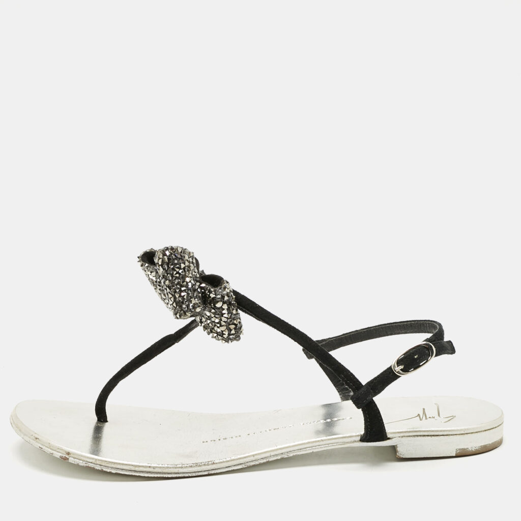 Giuseppe Zanotti Black Suede Crystal Bow Thong Flat Sandals Size 36 Giuseppe Zanotti Black Suede Crystal Bow Thong Flat Sandals Size 36