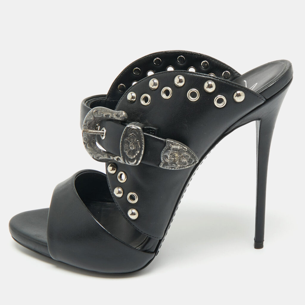 Giuseppe Zanotti Black Leather Studded Buckle Slide Sandals Size 38