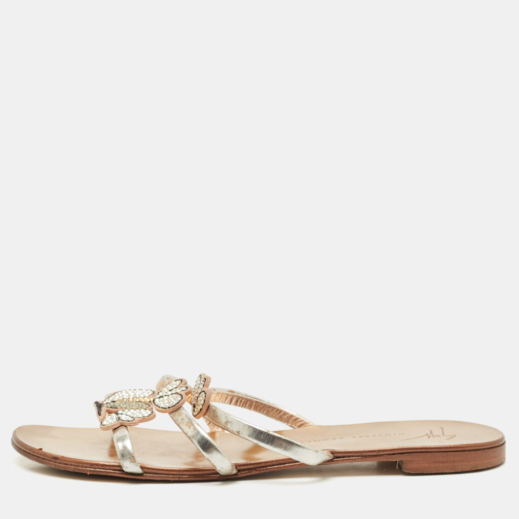 Giuseppe Zanotti Silver Leather Crystal Embellished Flat Slides Size 37