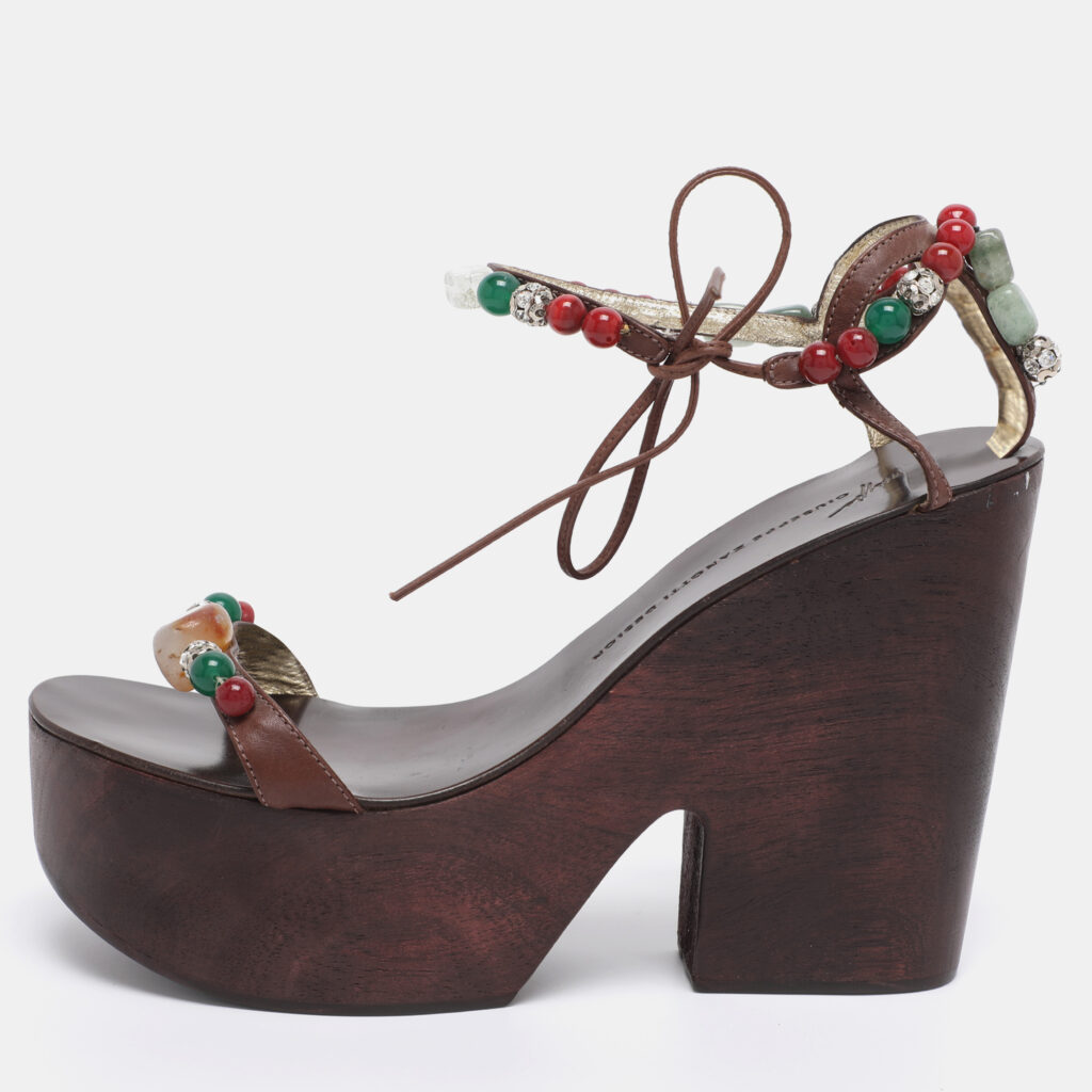 Giuseppe Zanotti Brown Leather Beads and Stone Embellished Wedge Sandals Size 38
