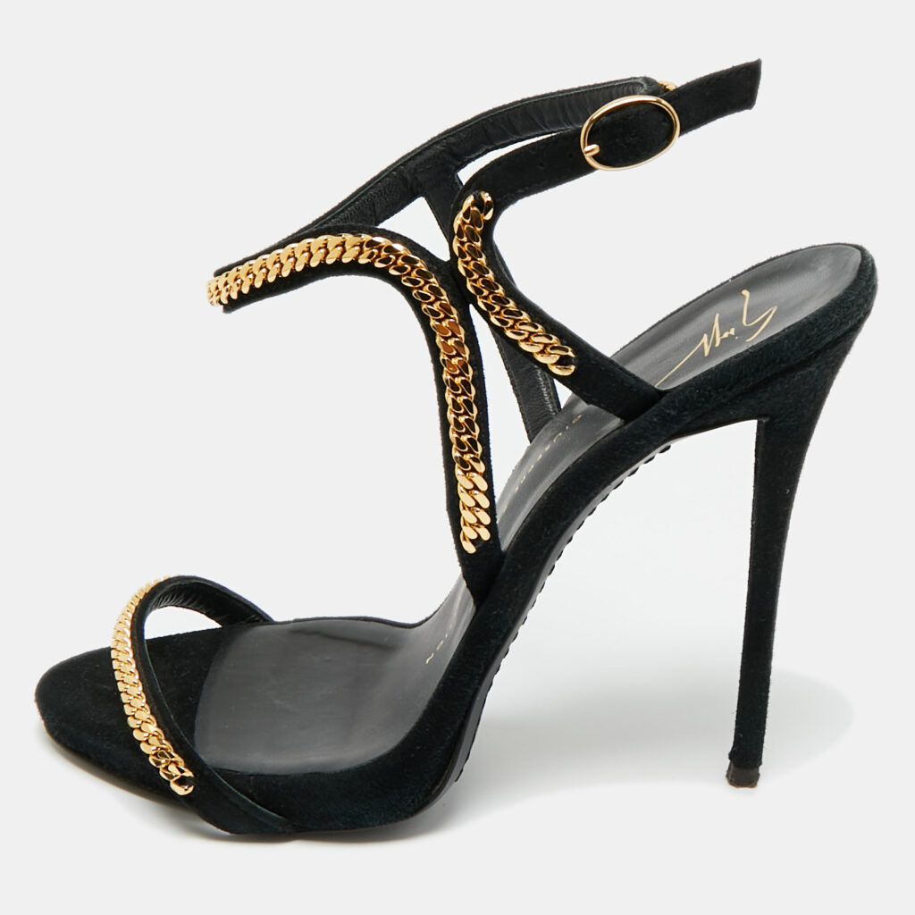 Giuseppe Zanotti Black Suede Coline Chain Link Ankle Strap Sandals Size 38
