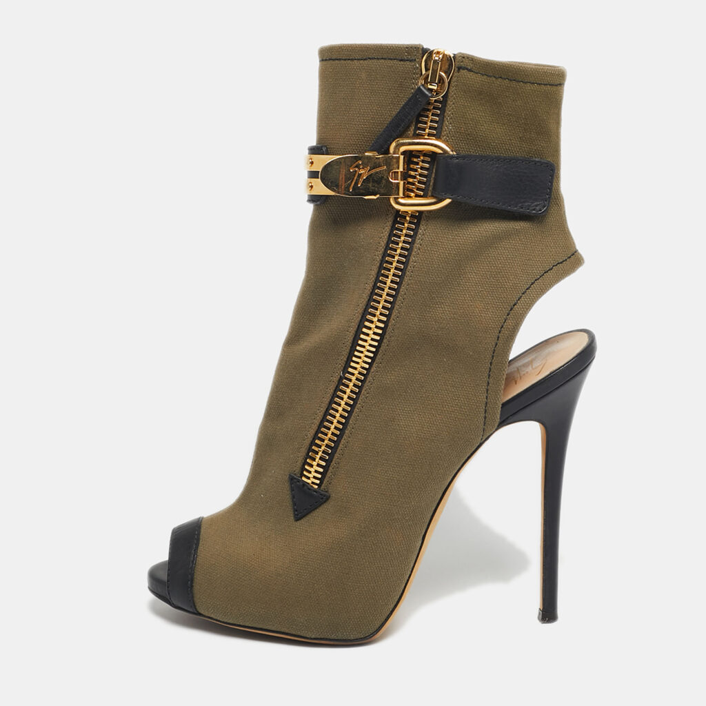 Giuseppe Zanotti Green Canvas Roxie Peep Toe Cut Out Ankle Boots Size 38.5 Giuseppe Zanotti Green Canvas Roxie Peep Toe Cut Out Ankle Boots Size 38.5
