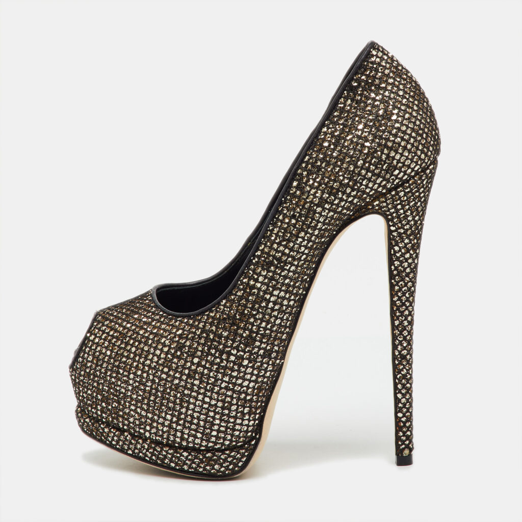 Giuseppe Zanotti Gold/Black Glitter and Mesh Sharon Platform Peep Toe Pumps Size 37.5 Giuseppe Zanotti Gold/Black Glitter and Mesh Sharon Platform Peep Toe Pumps Size 37.5