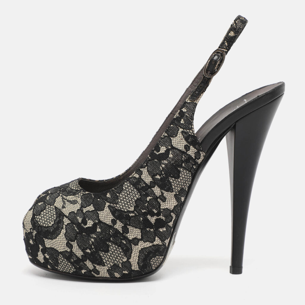 Giuseppe Zanotti Black/Beige Lace Slingback Platform Pumps Size 36.5