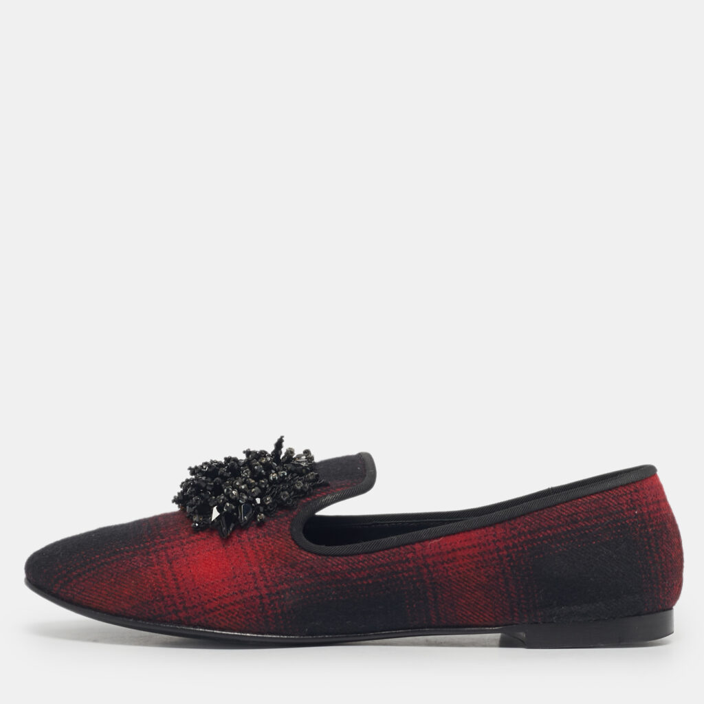 Giuseppe Zanotti Black/Red Fabric Leather Crystal Embellished Loafers Size 38 Giuseppe Zanotti Black/Red Fabric Leather Crystal Embellished Loafers Size 38