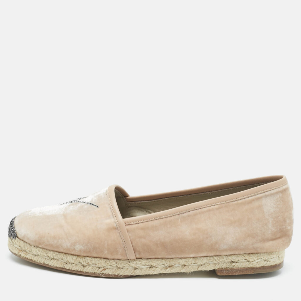 Giuseppe Zanotti Beige Leather and Velvet Espadrille Flats Size 39 Giuseppe Zanotti Beige Leather and Velvet Espadrille Flats Size 39
