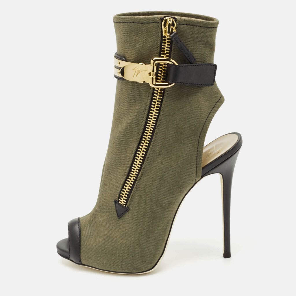 Giuseppe Zanotti Green Canvas and Leather Roxie Peep Toe Cut Out Ankle Boots Size 40