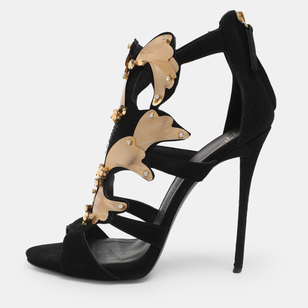Giuseppe Zanotti Black/Gold Crystal Embellished Suede and Vinyl Strappy Sandals Size 41 Giuseppe Zanotti Black/Gold Crystal Embellished Suede and Vinyl Strappy Sandals Size 41