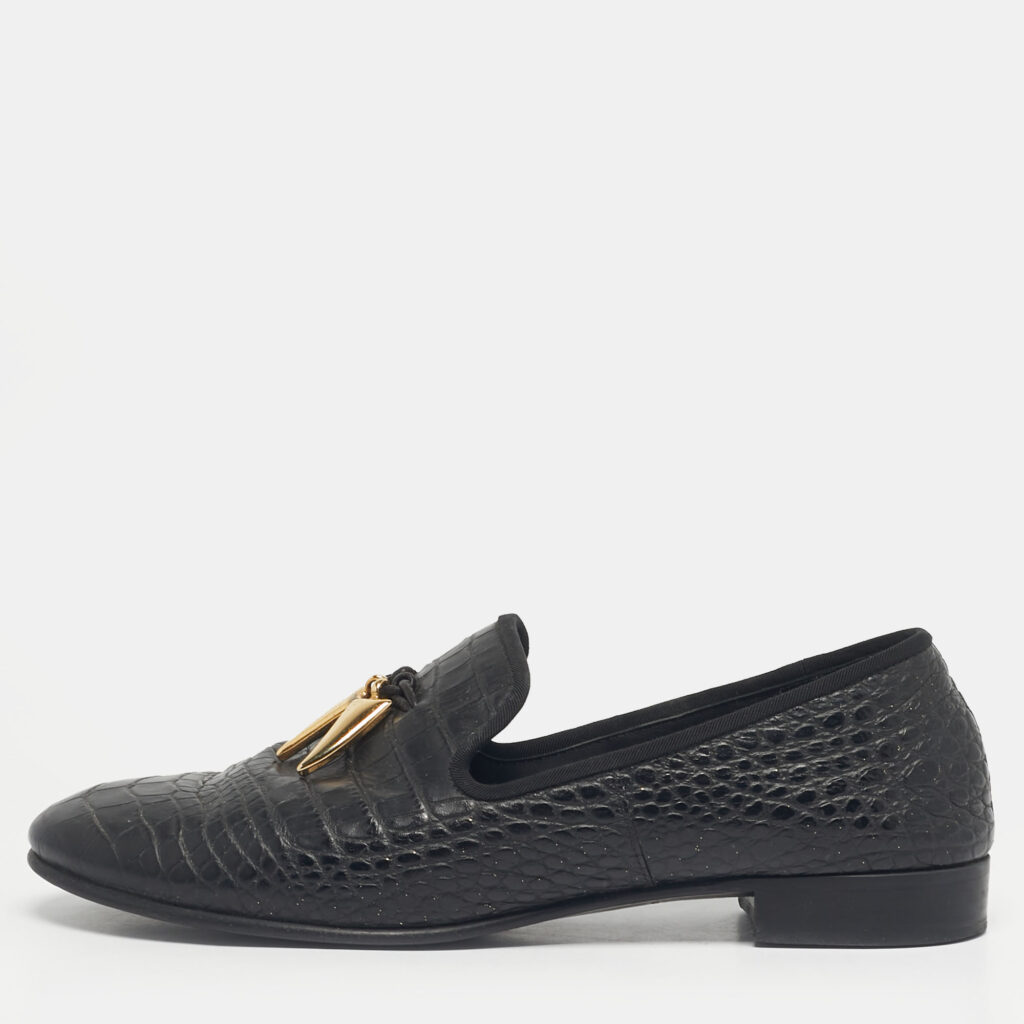Giuseppe Zanotti Black Croc Embossed Leather Shark Tooth Smoking Slippers Size 42 Giuseppe Zanotti Black Croc Embossed Leather Shark Tooth Smoking Slippers Size 42