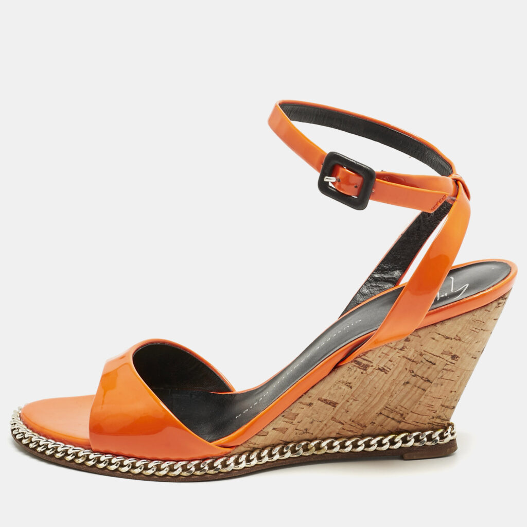 luxury-women-giuseppe-zanotti-used-shoes-p1218438-001.jpg Giuseppe Zanotti Orange Patent Leather Ankle-Strap Chain Wedge Sandals Size 37