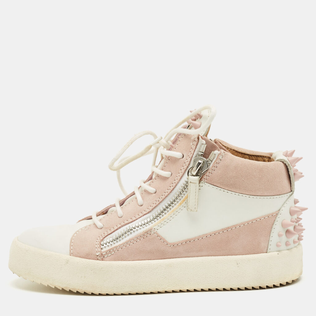 Giuseppe Zanotti Pink/White Suede and Leather Double Zipper High Top Sneakers Size 37 Giuseppe Zanotti Pink/White Suede and Leather Double Zipper High Top Sneakers Size 37