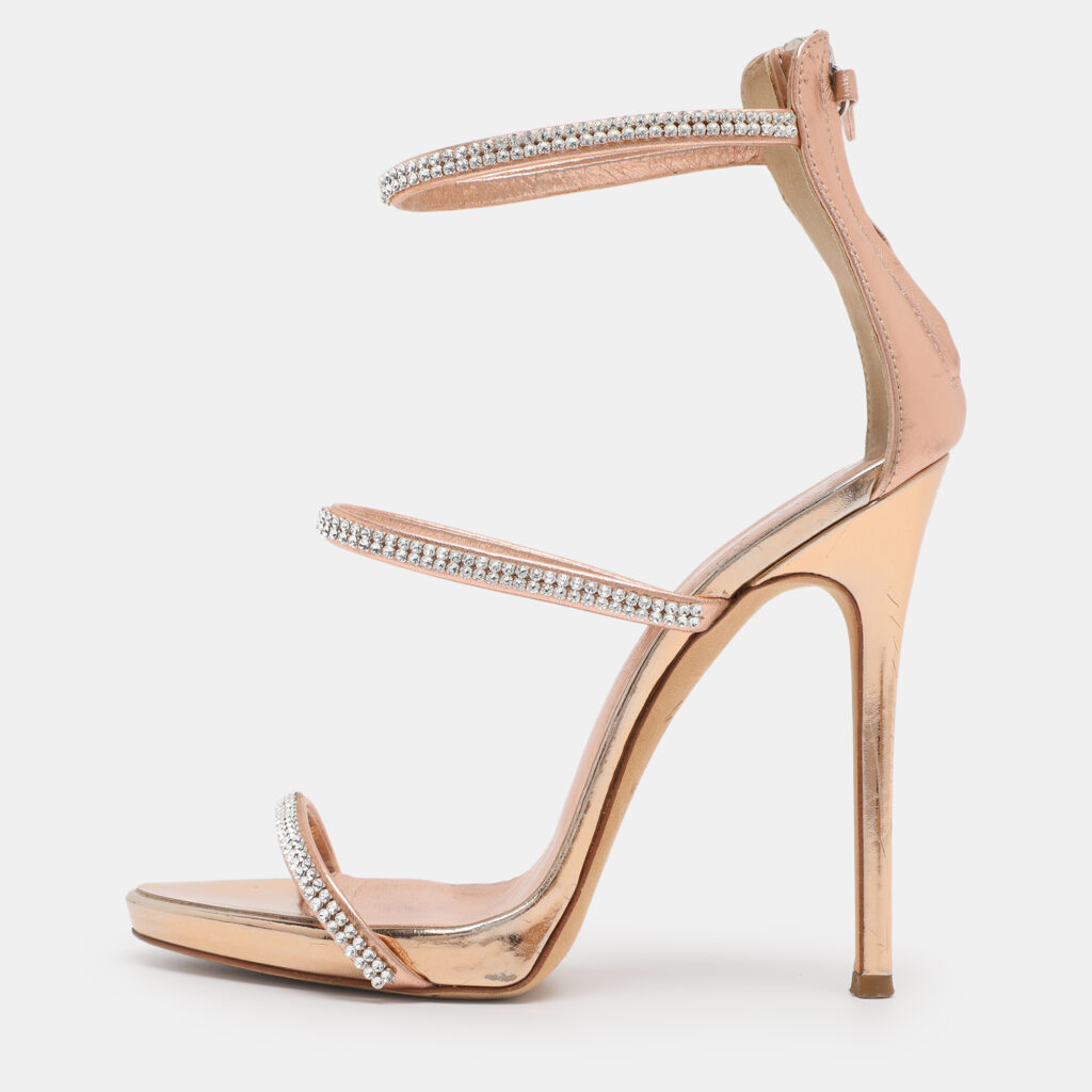 Giuseppe Zanotti Metallic Rose Gold Foil Leather Harmony Ankle Cuff Sandals Size 36 Giuseppe Zanotti Metallic Rose Gold Foil Leather Harmony Ankle Cuff Sandals Size 36
