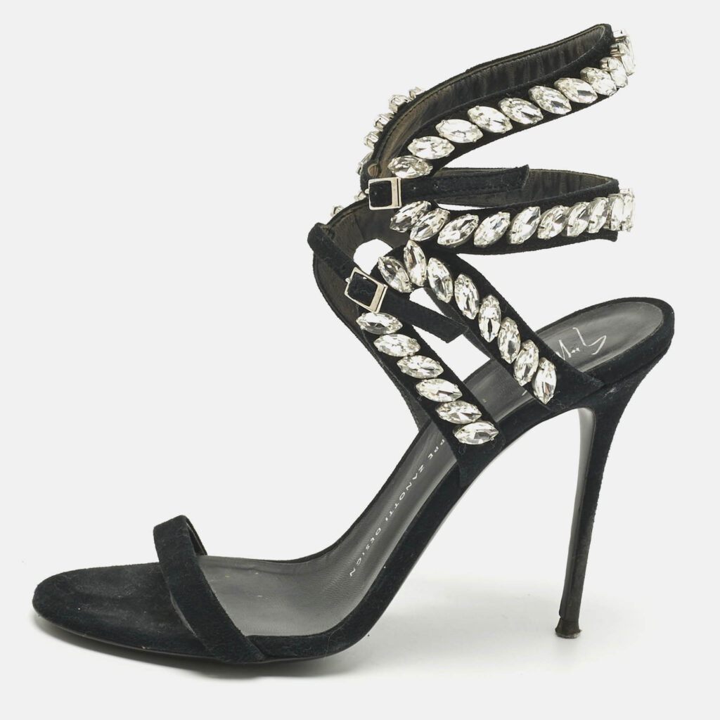 Giuseppe Zanotti Black Suede Crystal Embellished Ankle Strap Sandals Size 39 Giuseppe Zanotti Black Suede Crystal Embellished Ankle Strap Sandals Size 39
