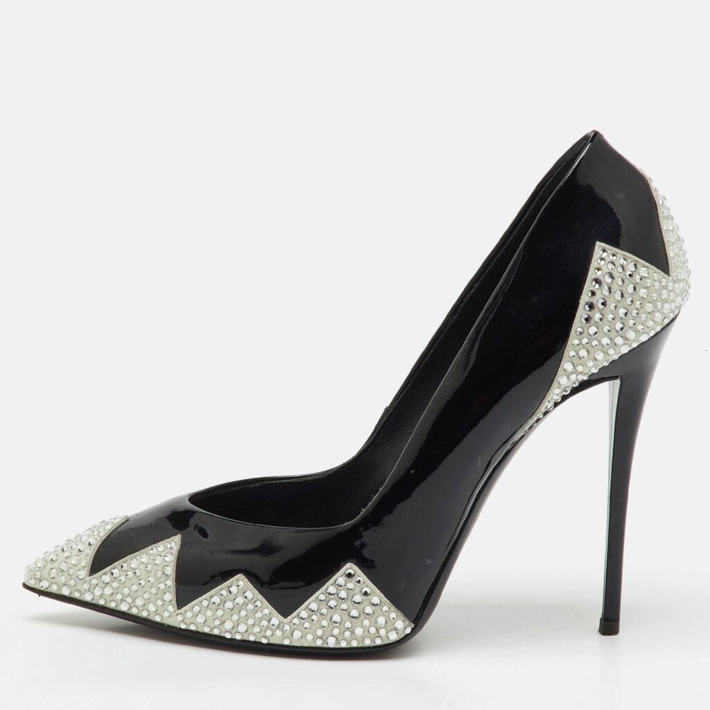 Giuseppe Zanotti Black Patent Leather and Suede Crystal Embellished Pointed Toe Pumps Size 38 Giuseppe Zanotti Black Patent Leather and Suede Crystal Embellished Pointed Toe Pumps Size 38