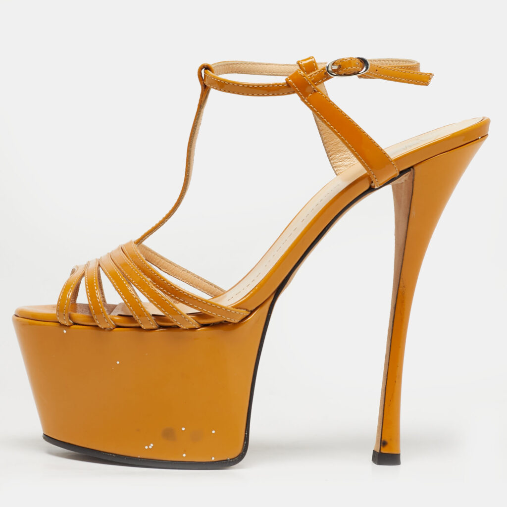 Giuseppe Zanotti Yellow Patent Leather T-Strap Platform Sandals Size 37