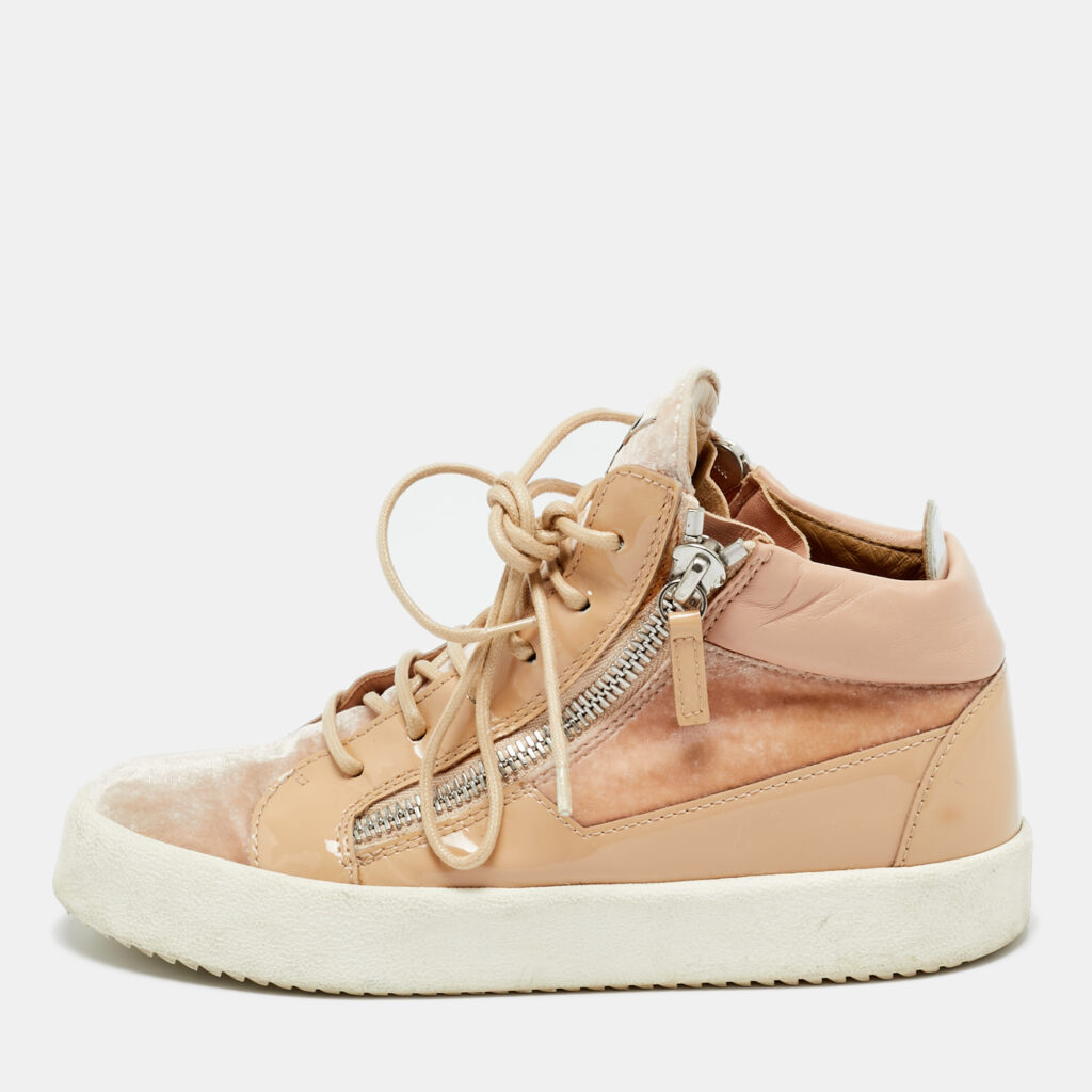 Giuseppe Zanotti Pink/Beige Leather and Patent Leather Mid Top Sneakers Size 37.5 Giuseppe Zanotti Pink/Beige Leather and Patent Leather Mid Top Sneakers Size 37.5