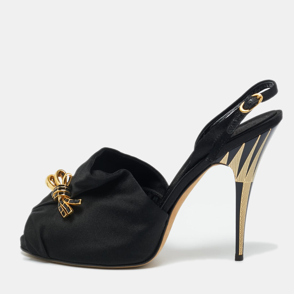 Giuseppe Zanotti Black Satin Bow Crystal Embellish Slingback Sandals Size 37.5 Giuseppe Zanotti Black Satin Bow Crystal Embellish Slingback Sandals Size 37.5