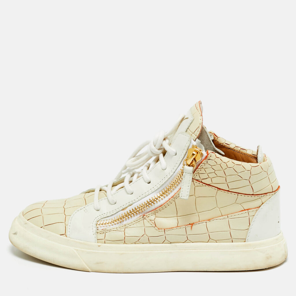 Giuseppe Zanotti Beige/White Croc Embossed and Leather Kriss High Top Sneakers Size 37