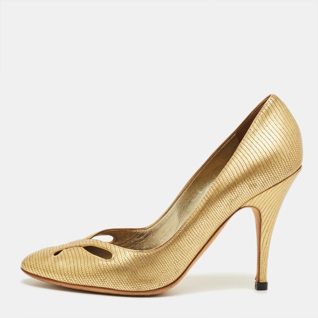 Giuseppe Zanotti Metallic Gold Lizard Embossed Leather Cut Out Pumps Size 37.5