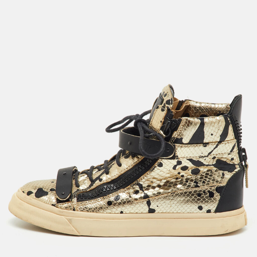 Giuseppe Zanotti Gold/Black Python Embossed Leather Coby High Top Sneakers Size 39