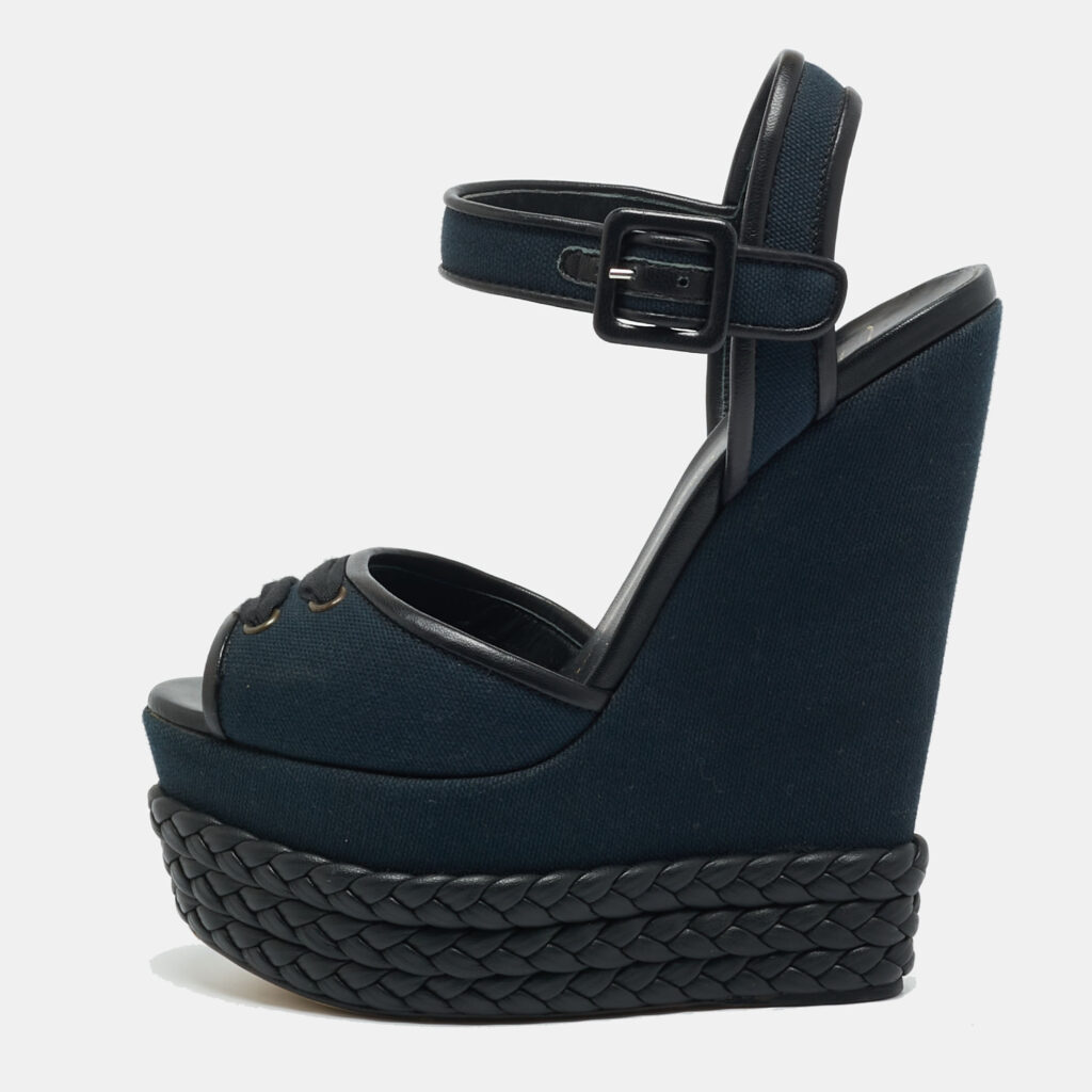 Giuseppe Zanotti Navy Blue/Black Canvas and Leather Ankle Strap Wedge Sandals Size 36 Giuseppe Zanotti Navy Blue/Black Canvas and Leather Ankle Strap Wedge Sandals Size 36