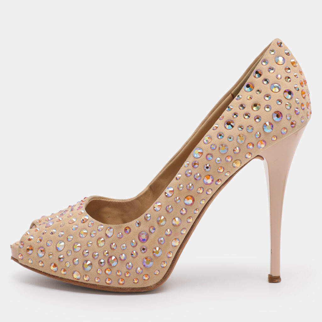 Giuseppe Zanotti Beige Suede Crystal Embellished Peep Toe Pumps Size 40 Giuseppe Zanotti Beige Suede Crystal Embellished Peep Toe Pumps Size 40