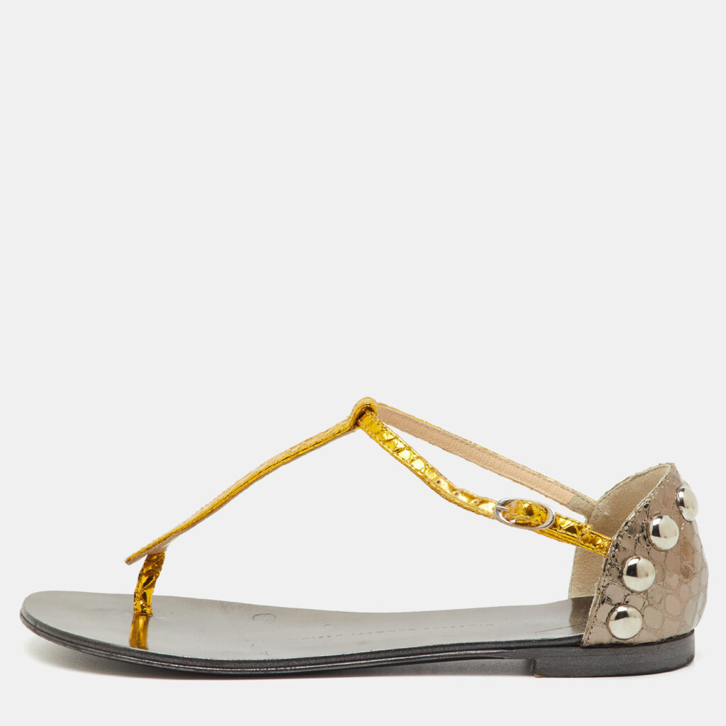 Giuseppe Zanotti Metallic Yellow/Grey Python Embossed Leather Flat Thong Sandals Size 36