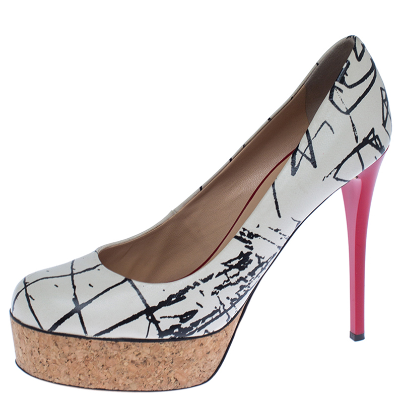 Giuseppe Zanotti White Printed Leather Cork Platform Pumps Size 38.5 Giuseppe Zanotti White Printed Leather Cork Platform Pumps Size 38.5