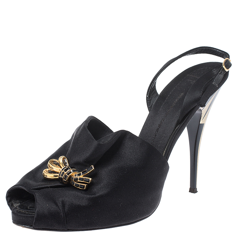 Giuseppe Zanotti Black Satin Bow Crystal Embellished Slingback Sandals Size 39 Giuseppe Zanotti Black Satin Bow Crystal Embellished Slingback Sandals Size 39