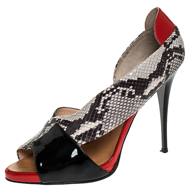 Giuseppe Zanotti Black/Red Cross Patent Leather and Python Embossed Leather Open Toe Sandals Size 41 Giuseppe Zanotti Black/Red Cross Patent Leather and Python Embossed Leather Open Toe Sandals Size 41