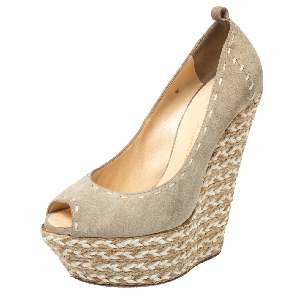 Giuseppe Zanotti Beige Suede Leather Peep Toe Wedge Platform Pumps Size 38.5 Giuseppe Zanotti Beige Suede Leather Peep Toe Wedge Platform Pumps Size 38.5