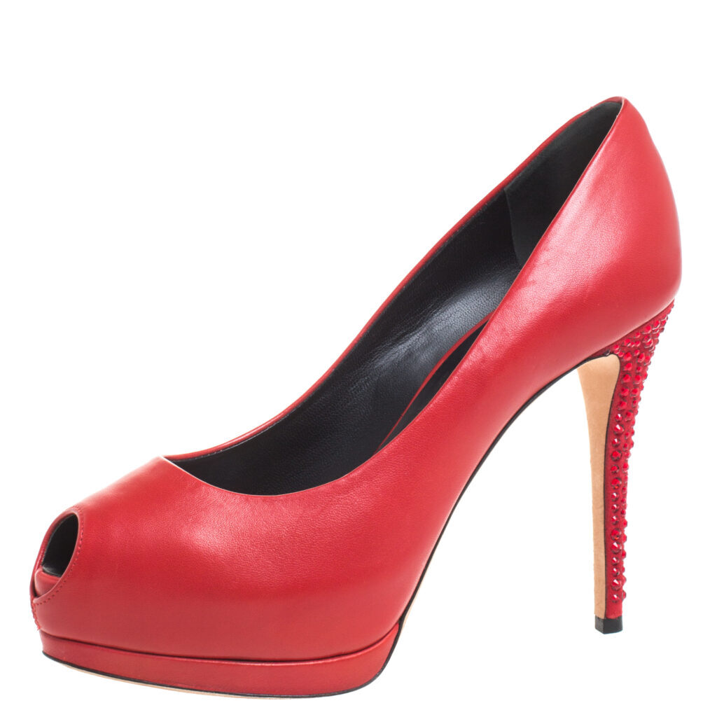 Giuseppe Zanotti Red Leather And Suede Crystal Embellished Peep Toe Platform Pumps Size 37 Giuseppe Zanotti Red Leather And Suede Crystal Embellished Peep Toe Platform Pumps Size 37