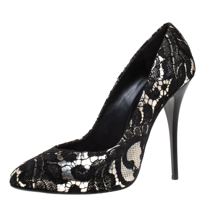 Giuseppe Zanotti Silver Metallic Leather and Black Lace Pumps Size 38